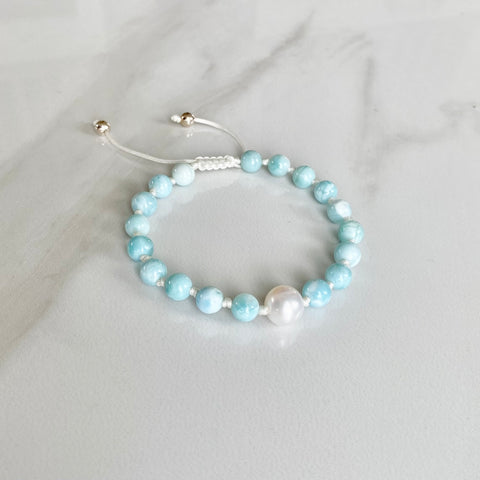 Larimar and Pearl Adjustable Bracelet