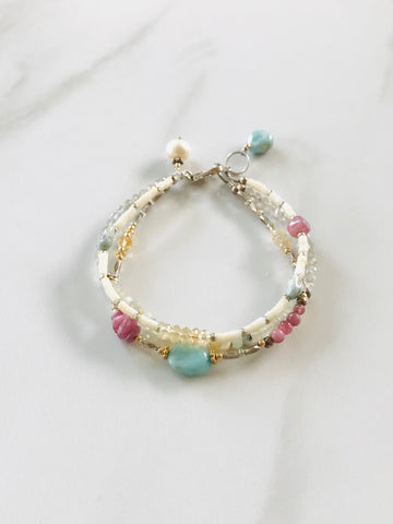 Pink and Blue Boho Bracelet, Larimar, Peruvian Opal, Tourmaline