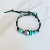 Turquoise & Tahitian Pearl Leather Bracelet