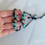 Turquoise & Tahitian Pearl Leather Bracelet