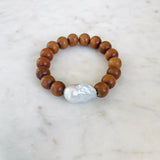 Large Baroque Pearl & Sandalwood Stretch Bracelet