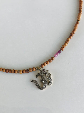 Pave Diamond Om & Ruby Sandalwood Necklace