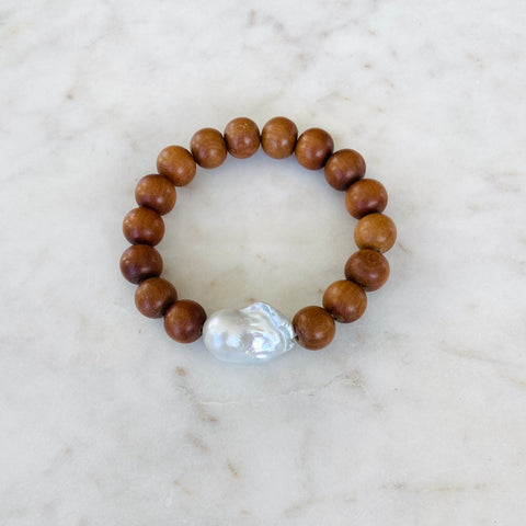 Large Baroque Pearl & Sandalwood Stretch Bracelet