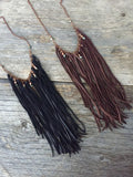 Black Leather Tassel Necklace With Pyrite