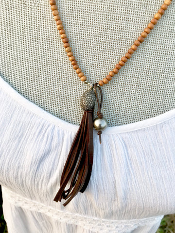 Tahitian Pearl & Sandalwood Tassel Necklace with Pavè Diamond Pendant