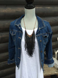 Black Leather Tassel Necklace With Pyrite