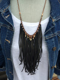 Black Leather Tassel Necklace With Pyrite