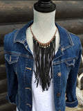 Black Leather Tassel Necklace With Pyrite