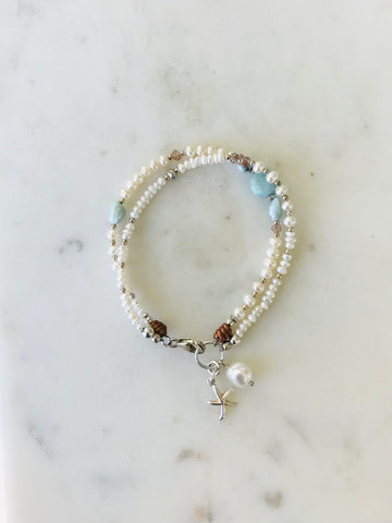 Pearl & Larimar Bracelet with Starfish Charm