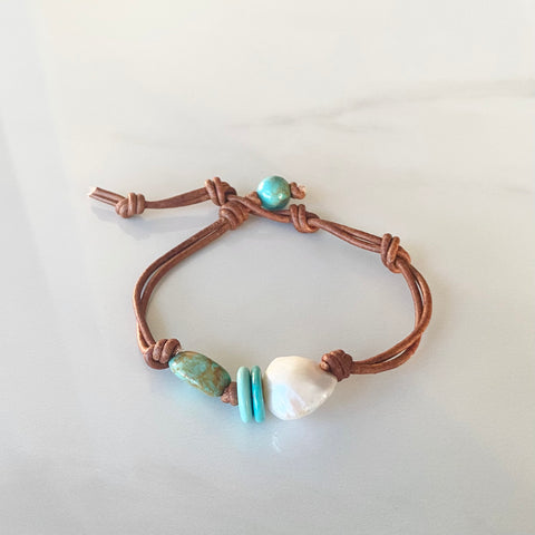 Turquoise & Pearl Leather Bracelet