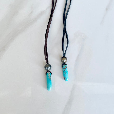 Tahitian Pearl & Turquoise Pendant Leather Necklace