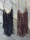 Black Leather Tassel Necklace With Pyrite