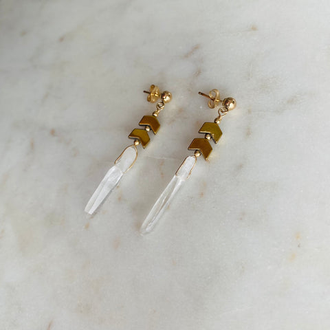 Quartz Crystal and Gold Chevron Earrings