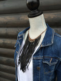 Black Leather Tassel Necklace With Pyrite